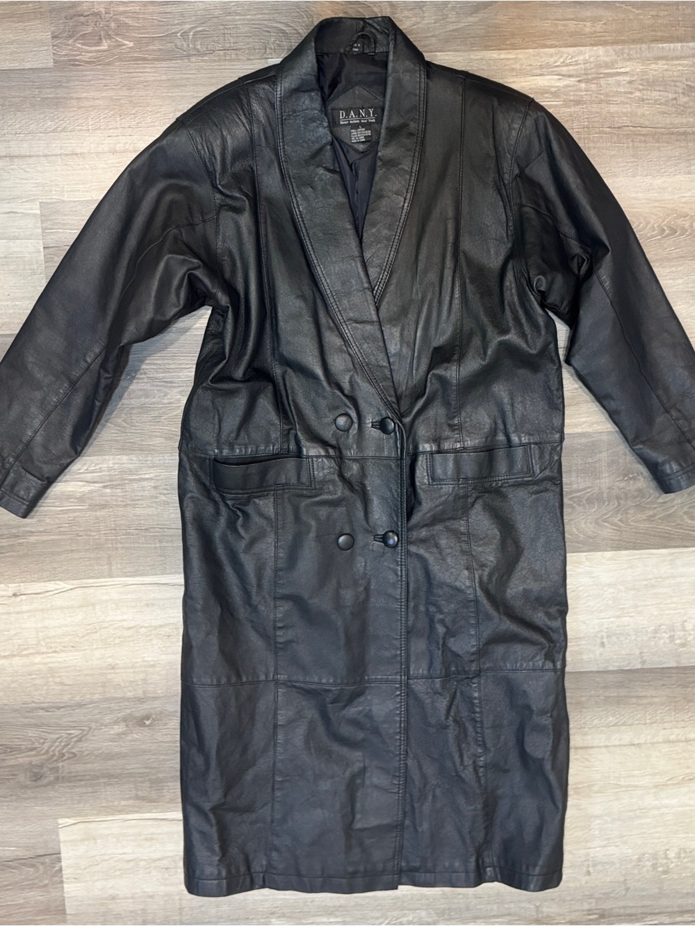 Black Leather Double-Breasted Long Jacket
